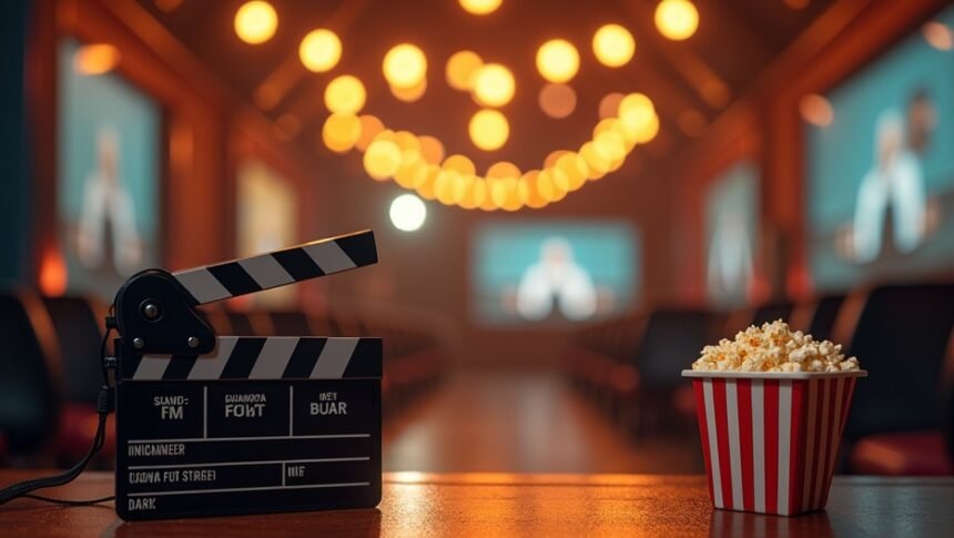 Filmeszközök és popcorn a mozi teremben, hangulatos világítással.