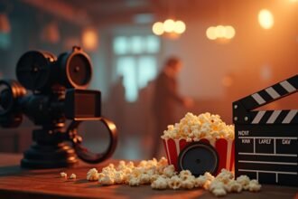 Filmes kellékek popcornnal és filmes klappal egy filmes stúdióban