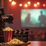 Filmkészítés jelenete, kamerával és pattogatott kukoricával.