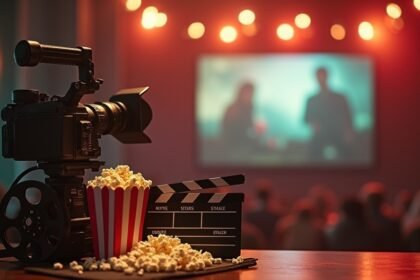 Filmkészítés jelenete, kamerával és pattogatott kukoricával.