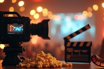 Fényképezőgép popcornnal és filmes kellékekkel egy filmpikniken.