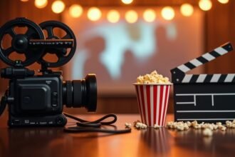 Klasszikus filmezés kellékei, kamera, popcorn és klapper táblával