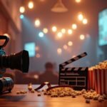 Helyszíni filmes rendezvény, kamera, popcorn és filmes kellékek.