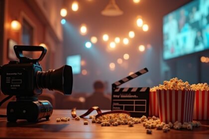 Helyszíni filmes rendezvény, kamera, popcorn és filmes kellékek.