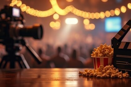 Kamera és popcorn egy filmes eseményen, háttérben világítással