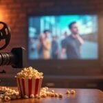 Régi filmes kamera és popcorn egy tévé előtt filmnézéshez