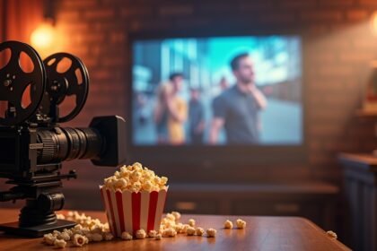 Régi filmes kamera és popcorn egy tévé előtt filmnézéshez