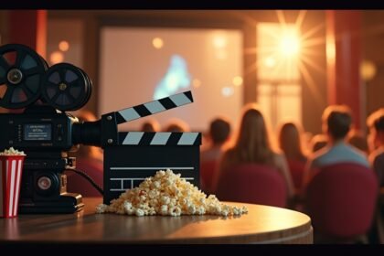 Filmeszközök, popcorntál és nézők a vásznon