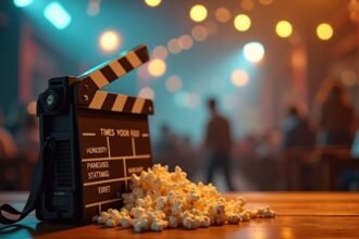 Filmkészítő eszközök és popcorn egy moziélményhez