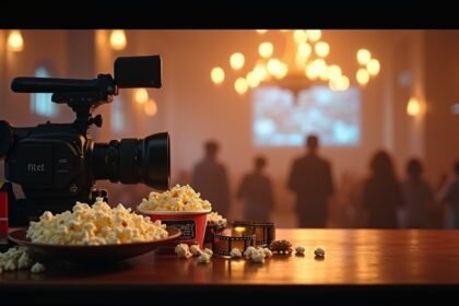 Popcorn and camera setup for a film screening event