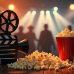 Film vetítés kellékei, retro kamera és popcorn egy szórakoztató estén.