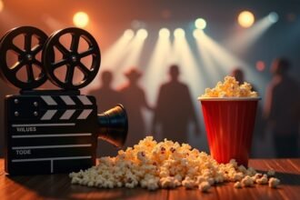 Film vetítés kellékei, retro kamera és popcorn egy szórakoztató estén.