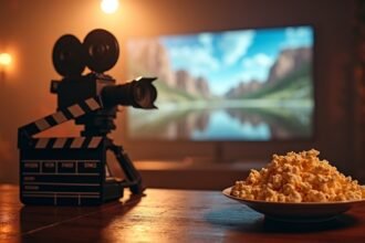 Filmeszközök popcornnal és háttérben tévével