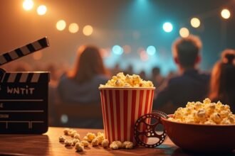 Popcorn and a clapperboard at a movie screening
