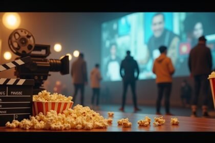 Filmklap valamint popcorn egy vetítőteremben Elio Germano filmjeihez