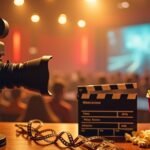 Régi filmes kamera, pattogatott kukoricával és filmes rendezői táblával