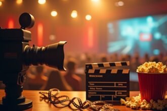 Régi filmes kamera, pattogatott kukoricával és filmes rendezői táblával