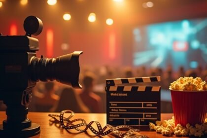 Régi filmes kamera, pattogatott kukoricával és filmes rendezői táblával