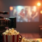 Kamera, popcorn és film a háttérben - ideális filmes piknikhez.
