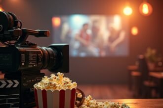 Kamera, popcorn és film a háttérben - ideális filmes piknikhez.