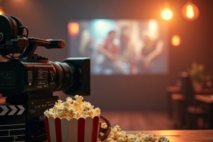 Kamera, popcorn és film a háttérben - ideális filmes piknikhez.