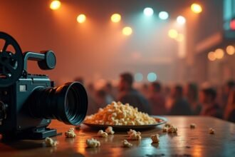 Régi filmkamera és popcorn egy filmes rendezvényen