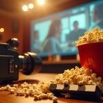 Popcorn and movie camera on a table with a film screen in background