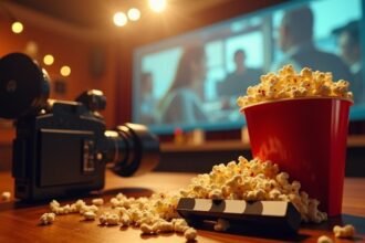 Popcorn and movie camera on a table with a film screen in background