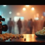 Klasszikus filmes kellékek és friss popcorn egy moziban.