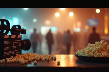 Klasszikus filmes kellékek és friss popcorn egy moziban.