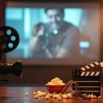 Filmes kellékek, kamera, pattogatott kukorica, és filmet néző ember