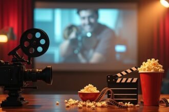 Filmes kellékek, kamera, pattogatott kukorica, és filmet néző ember