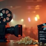 Filmeszközök: kamera és filmes vágódeszka popcornnal