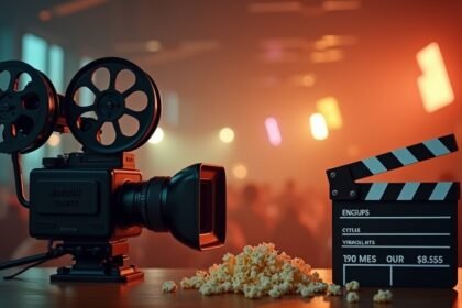 Filmeszközök: kamera és filmes vágódeszka popcornnal