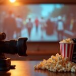 Kamera, popcorn és filmes kellékek egy mozi környezetben