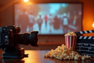 Kamera, popcorn és filmes kellékek egy mozi környezetben