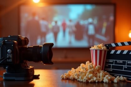 Kamera, popcorn és filmes kellékek egy mozi környezetben
