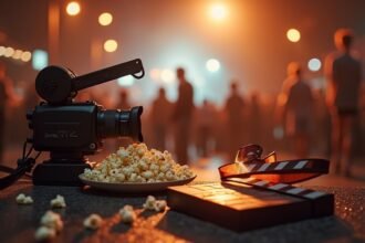 Film felszerelések, pattogatott kukorica és filmes kellékek a háttérben