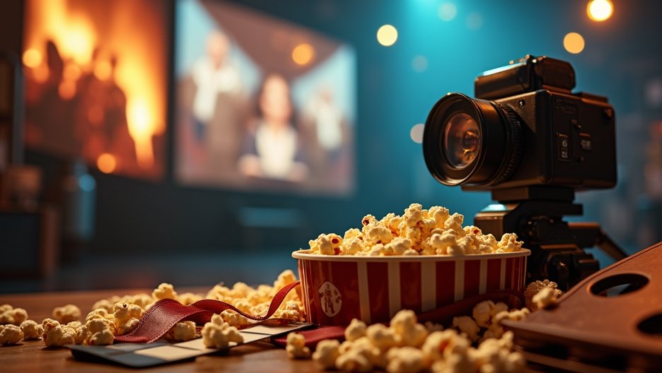 Popcorn and a camera on a table in a cinema setting