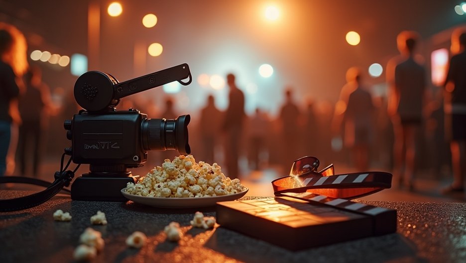 Film felszerelések, pattogatott kukorica és filmes kellékek a háttérben