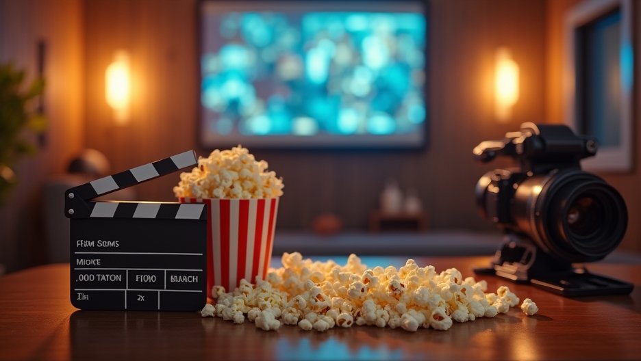 Filmklippe és popcorn egy otthoni moziban