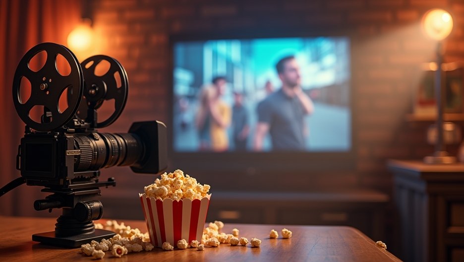 Régi filmes kamera és popcorn egy tévé előtt filmnézéshez