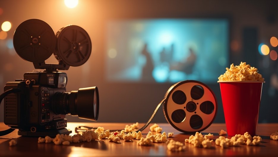 Film kamera, filmtekercs és popcorn egy mozi környezetben