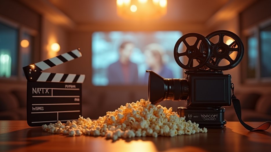 Filmes kellékek, popcorn és egy régi filmes kamera