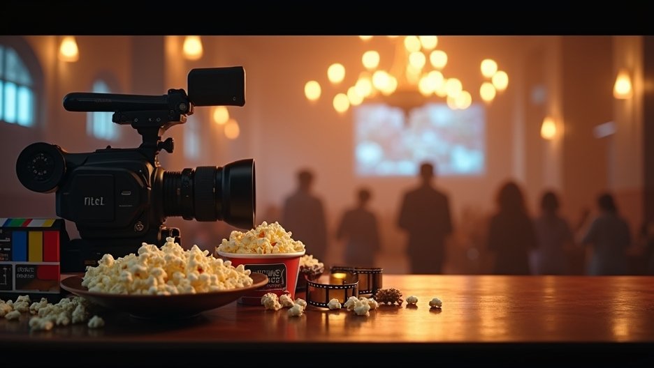 Popcorn and camera setup for a film screening event