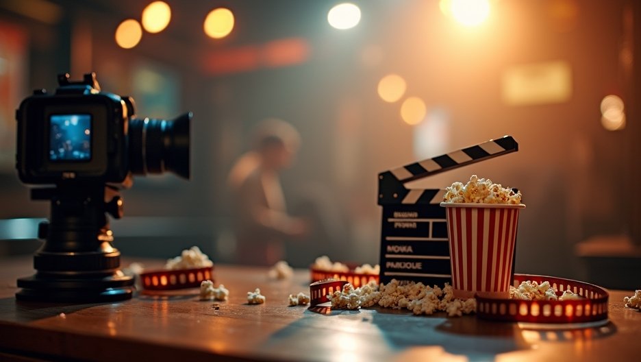Fényképezőgép, popcorn és filmes klapp a filmes környezetben