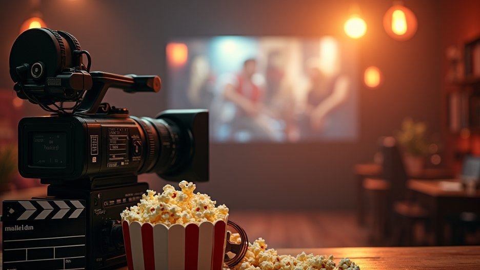 Kamera, popcorn és film a háttérben - ideális filmes piknikhez.