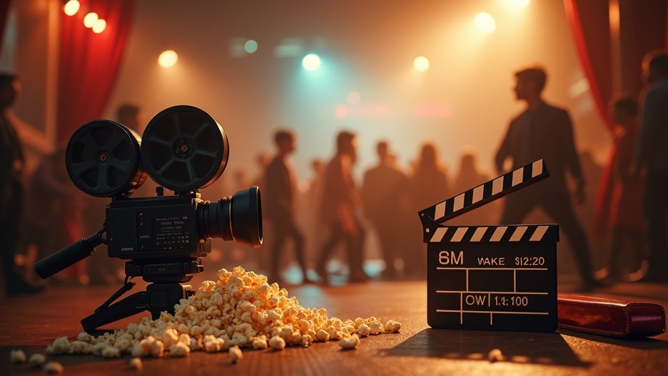 Fényképezőgép és filmes klapka popcorntálcával filmkészítéshez.