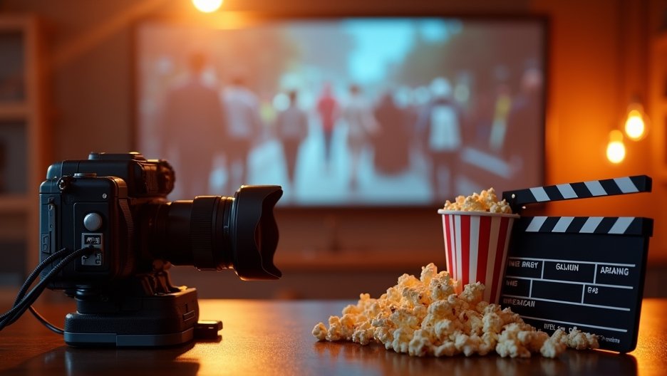 Kamera, popcorn és filmes kellékek egy mozi környezetben