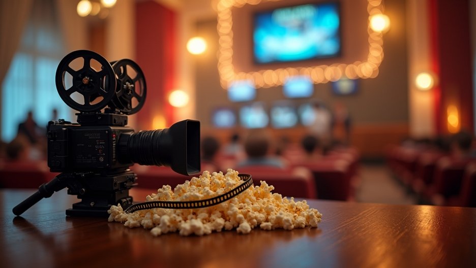 Filmkészítéshez használt kamera és popcorn egy vetítés során